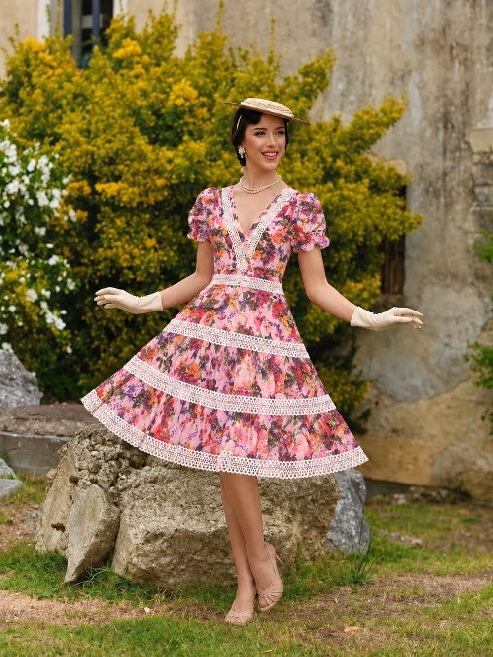 Aqua XS Mary Katrantzou Pink Floral Lace-Trim Tiered Dress